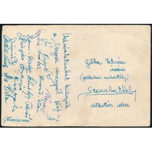 1957 Szegedi nemzetközi Maratonversenyről 17 versenyző aláírásával küldött levelezőlap ...