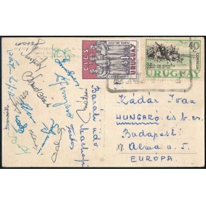1961 Magyarország-Uruguay labdarúgó mérkőzésről küldött képeslap a magyar válogatott tagjainak aláírásával Bozsik...