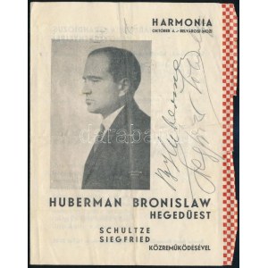 Hubermann Bronislaw hegedűművész estjének műsora, a művész autográf aláírásával