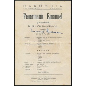 Feuermann Emanuel gordonka művész estjének műsora, a művész autográf aláírásával