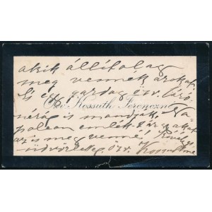 özv. Kossuth Ferencné saját kézzel írt sorai névjegykártyáján