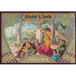 cca 1900 Málaga, Heinsdorf&Lemke litho borreklám, tetején szakadás, 22,5×15,5 cm