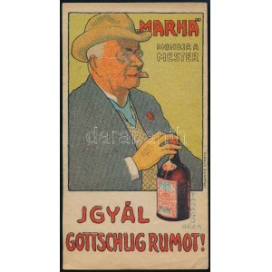 cca 1910 Faragó Géza (1877-1928): Marha mond a mester igyál Gottschlig rumot?, reklámos litografált számoló cédula...