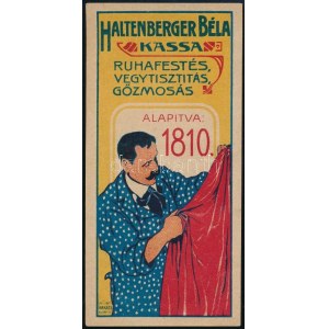 cca 1910 Kassa, Haltenberger Béla, ruhafestés, vegytisztítás, gőzmosás, reklámos litografált számolócédula, Bp., Bakács...