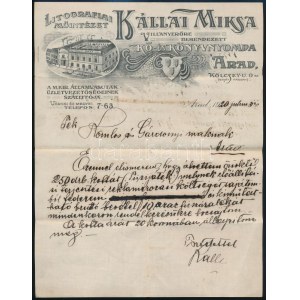 1920 Arad, Kállai Miksa Kő- és Könyvnyomda, Litografiai Műintézet fejléces levélpapírja...