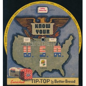 cca 1940-1960 Know Your U.S.A., amerikai reklámkiadvány forgatható koronggal, az USA államainak mottóival...