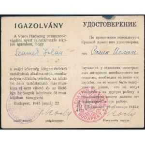 1945 január 22. a svájci követség orosz-magyar kétnyelvű mentesítő igazolványa / Swiss embassy Russian...