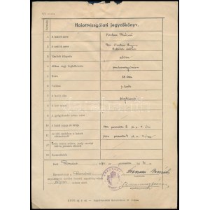 1944 Románd, munkaszolgálatos halottvizsgálati jegyzőkönyve, halál oka: végkimerülés