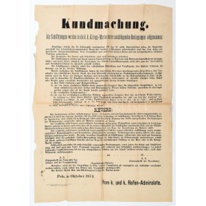 1874 Pola, hirdetmény hajóstanoncok (matróz) felvételéről a császári és királyi haditengerészethez, német nyelven...