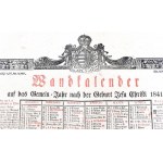 1841 Német nyelvű falinaptár Bánki Vajk Emil gyűjteményéből, nyomtatta: Johann Gyurian und Martin Bagó1schen königl...