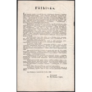 1848 Bp., Gróf Batthyány Lajos miniszterelnök felhívása a hazafiakhoz, hogy siessenek az ország, vallás, család, stb...