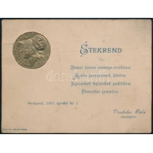 1897 Bp., Dreschler Béla vendéglős étekrend, dombornyomott kártya, sarkán törésnyom