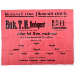cca 1930 A BAK TK - BMSE - UMTE Spartakus nemzetközi futball mérkőzés plakátja ...