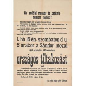 1920 Bp., Trianoni békeszerződés határozatai ellen való országos tiltakozás plakátja, irredenta, szakadással...