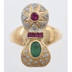 Arany (Au/18k) Női koktél gyűrű, smaragddal, rubinnal és 21 db brilliáns csiszolású gyémántal (0,3ct) F-G VVS...