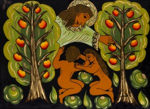 Zdzisław Walczak (1926 Zakopane - 2001 Zakopane), Adam i Ewa ukrywający się przed Bogiem, 1986
