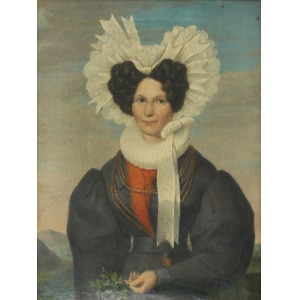 Malarz nieokreślony, niemiecki, XIX w., Kobieta w koronkowym czepku, ok. poł. XIX w.
