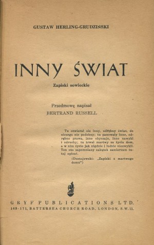 HERLING-GRUDZIŃSKI Gustaw - Inny świat. Zapiski sowieckie [First edition London 1953].