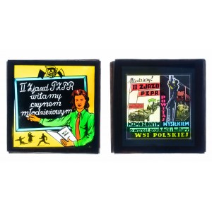 Set of 8 glass plates with advertising and propaganda slides [1950s].