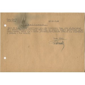 [Warschauer Aufstand] Bataillon Milosz - Zug Truk. Bericht eines Hausmeisters über ein gestohlenes Ferkel vom 24.09.1944 [mit einer Unterschrift von Kurt Tomala alias Truk].