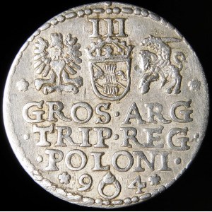 Sigismund III Vasa, Trojak 1594, Malbork - ring divides date - rare