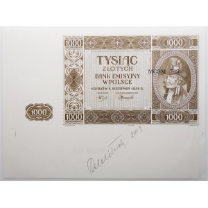 1000 zloty 1941 - destruct autographed by Czeslaw Miłczak - reconstruction