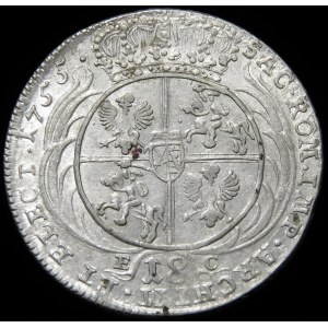 August III Sas, Ort 1755 EC, Leipzig - wide bust - variety