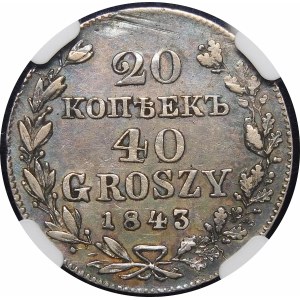 Polen, Russische Teilung, 20 Kopeken = 40 Grosze 1843 MW, Warschau - selten