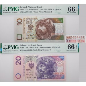 10 + 20 złotych 1994 - ser. AA - takie same niskie numery - pierwsze serie