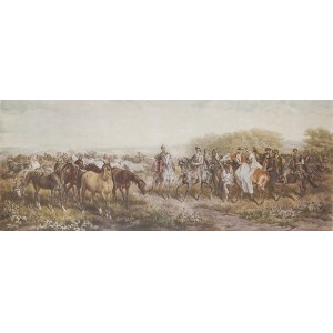 Juliusz KOSSAK, XIX/XX w. (1824 - 1899), Książe Józef Poniatowski zwiedza stadninę koni Mohorta, 1912 r.