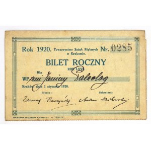 Bilet roczny członka T-wa Sztuk Pięknych w Krakowie na rok 1920