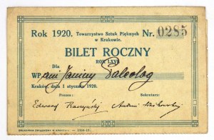 Bilet roczny członka T-wa Sztuk Pięknych w Krakowie na rok 1920