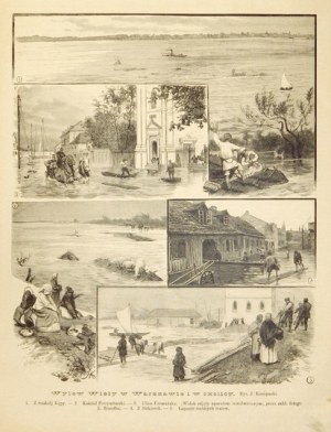 Wylew Wisły w Warszawie i w okolicy - drzeworyt sztorcowy 1884