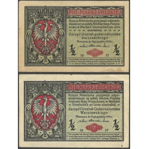 zestaw dwóch banknotów z 9 grudnia 1916: ½ marki jenerał i generał