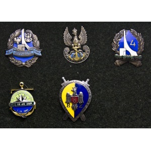 zestaw 4 szt. odznak związanych z Kołobrzegiem, repliki Panasiuk (3 szt.), replika Olek (1 szt.) + orzeł Marynarki Wojennej