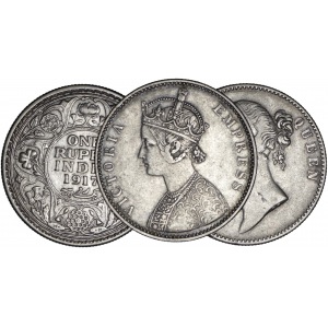 zestaw 3 monet: rupia 1840, 1878, Wiktoria (1837-1901), 1917, Jerzy V (1910-1936), Ag