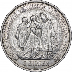 5 koron KB, z okazji 40-tej rocznicy koronacji na króla Węgier, 1907, Kremnica