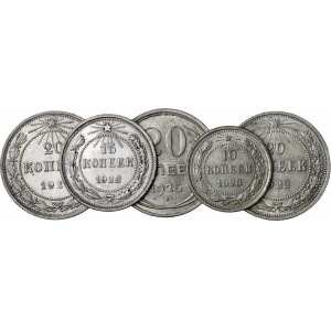 zestaw 5 monet: 10 kopiejek 1923, 15 kopiejek 1922, 20 kopiejek 1922, 1923, 1925