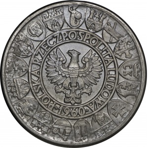 Próba NIKIEL 100 złotych 1960 Mieszko i Dąbrówka - stojące postacie z deseniem w tle