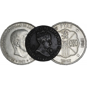 zestaw 3 monet: 8 maravedi 1847 Cu, Barcelona, Izabela II (1833-1868), 100 pesetas 1966 (2 szt.), gen. Francisco Franco (1936-1975)