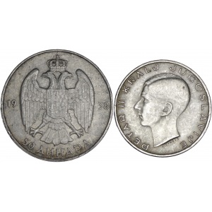 zestaw 2 monet: 20 dinarów Ag 500 i 50 dinarów Ag 750 1938, Belgrad, Piotr II (1934- 1945)