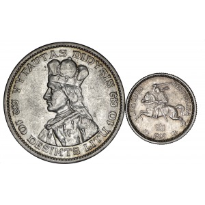 zestaw 2 monet: 1 lit 1925 Ag 500, 10 litów 1936 Ag 750