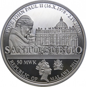 50 kwacha 2011, Błogosławiony Jan Paweł II, Ag 999, 3 oz