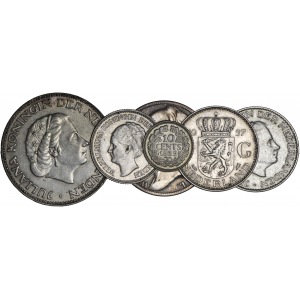 zestaw 6 monet: 1 gulden 1847 Ag 945, Wilhelm II (1840-1849); ½ guldena 1930 i 10 centów 1939, Ag 720 i 640, Wilhelmina (1890-1948); 2 ½ guldena 1959, 1 gulden 1955 i 1957, Ag 720, Juliana (1948-1980)