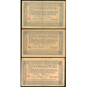 zestaw trzech takich samych banknotów:1 marka, 17 maja 1919, 
