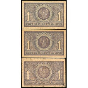 zestaw trzech takich samych banknotów:1 marka, 17 maja 1919, 