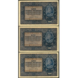 zestaw trzech takich samych banknotów: 100 marek, 23 sierpnia 1919