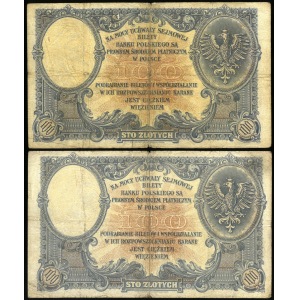 zestaw dwóch takich samych banknotów: 100 złotych, emisja z 28 lutego 1919, wprowadzona do obiegu 28 kwietnia 1924
