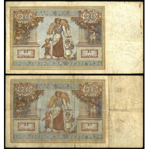 zestaw dwóch takich samych banknotów: 20 złotych, 20 czerwca 1931