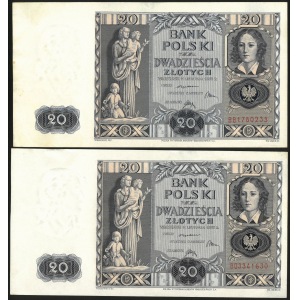 zestaw dwóch takich samych banknotów: 20 złotych, 11 listopada 1936